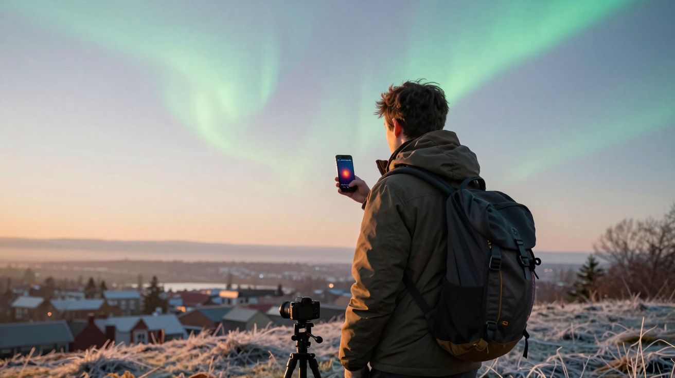Homem com mochila observa aurora boreal enquanto tira foto com smartphone em colina fria.
