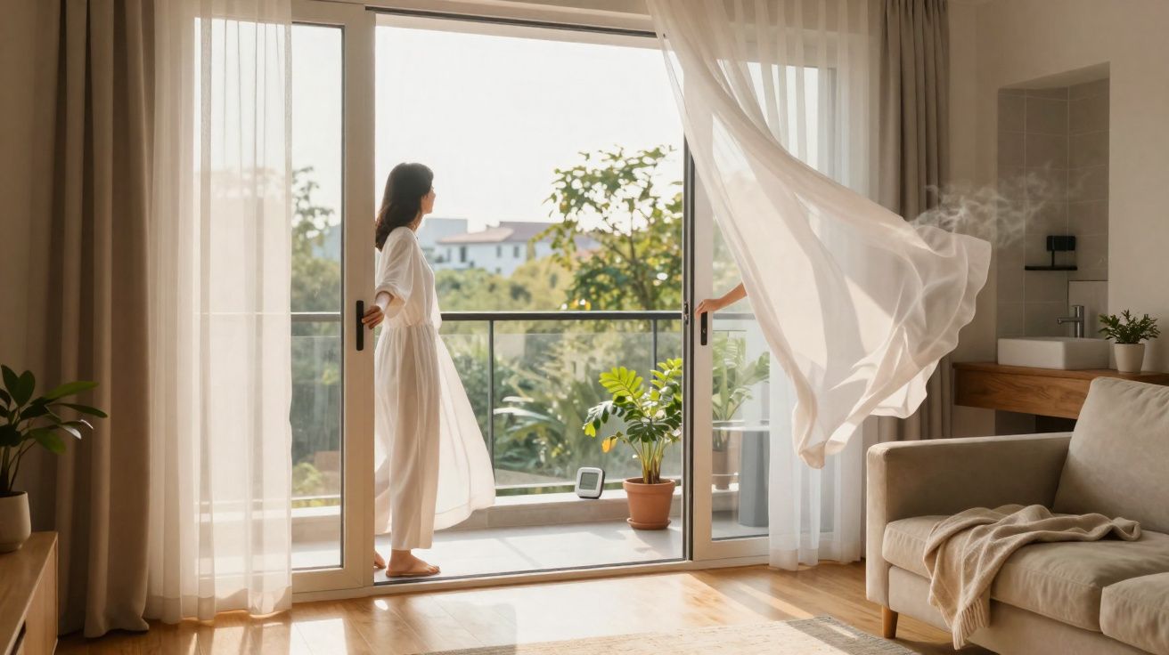 Mulher de branco abre porta de vidro com cortina esvoaçante e plantas num apartamento iluminado.