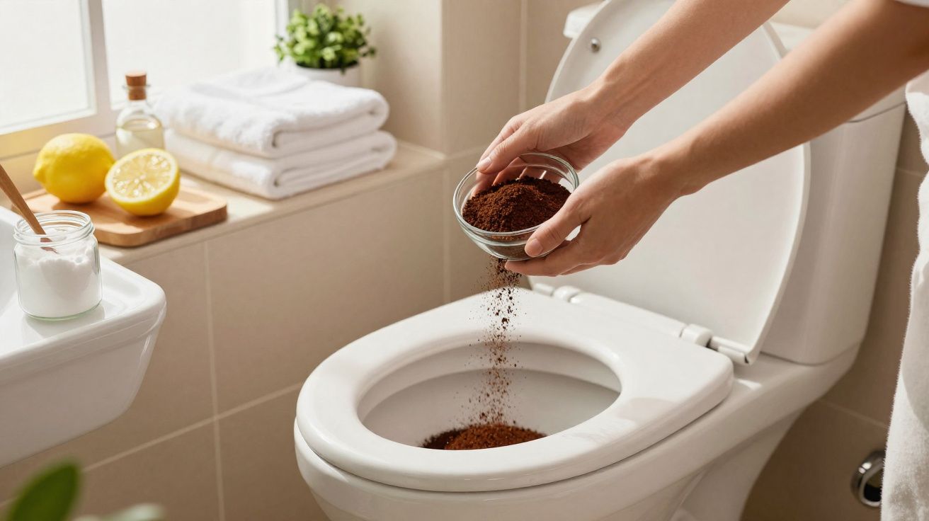 Pessoa a deitar borras de café no vaso sanitário numa casa de banho com objetos de limpeza e limões.