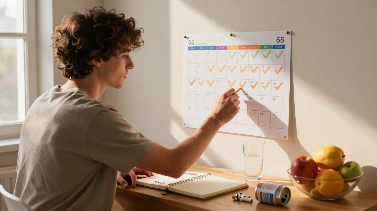 Jovem a marcar datas num calendário na parede, com caderno, copo de água e frutas na mesa.