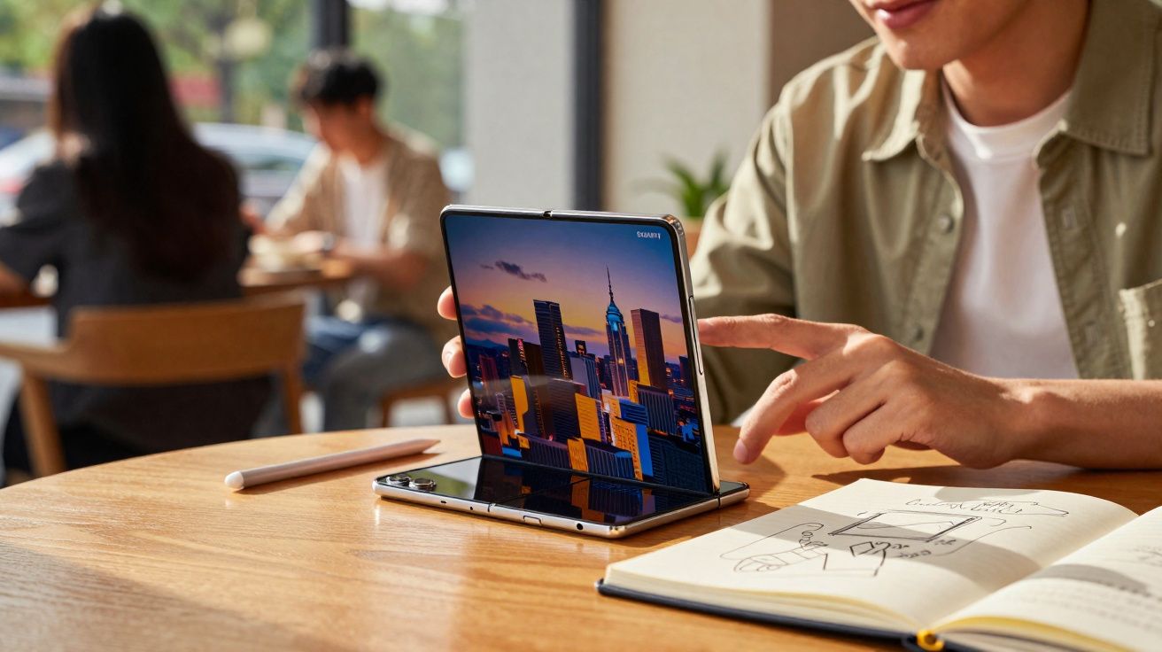 Pessoa a utilizar um smartphone dobrável em modo tablet numa mesa com um caderno aberto e outra pessoa ao fundo.