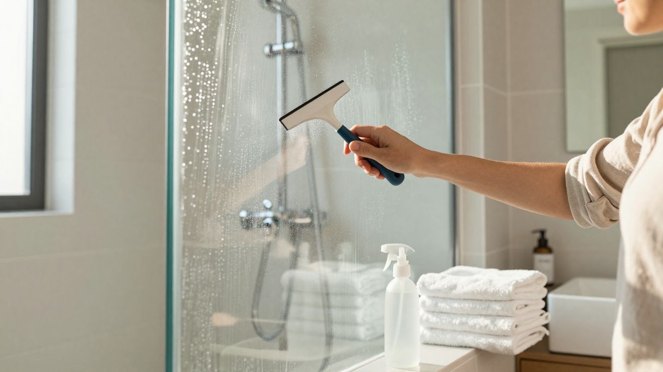 Pessoa a limpar vidro de cabine de duche com uma esfregona, ao lado de toalhas brancas empilhadas e spray de limpeza.