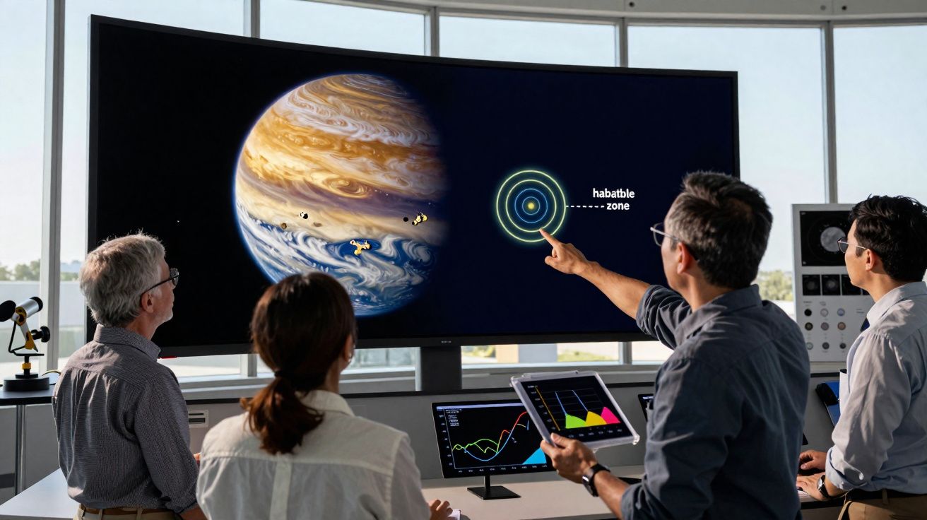 Quatro cientistas observam e analisam uma grande tela com imagem de um planeta e zona habitável.