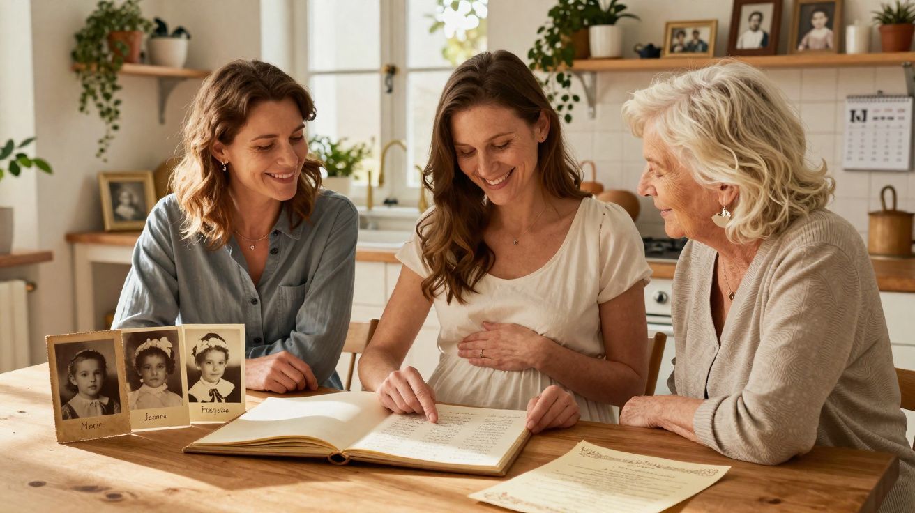 Três gerações de mulheres a folhear um álbum de fotografias e recordar memórias em casa acolhedora.