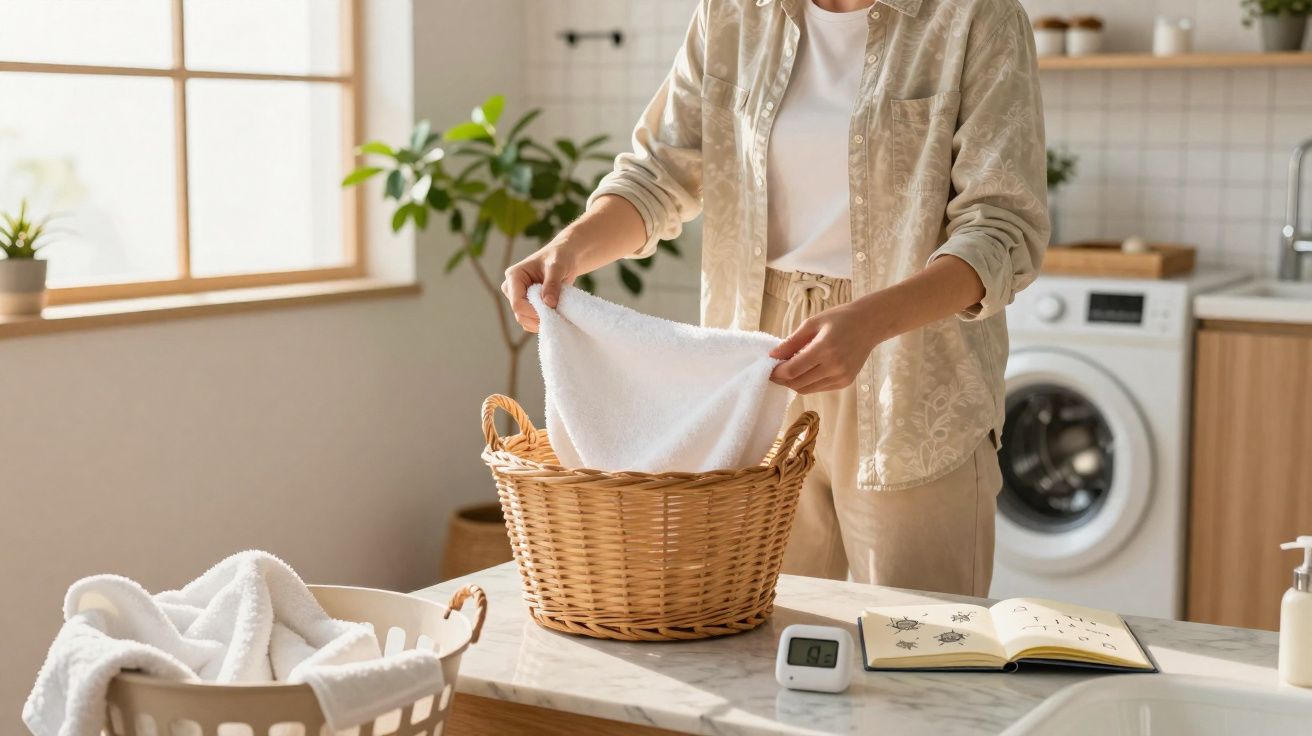 Pessoa a dobrar roupa branca numa cesta de vime numa cozinha com máquina de lavar ao fundo.