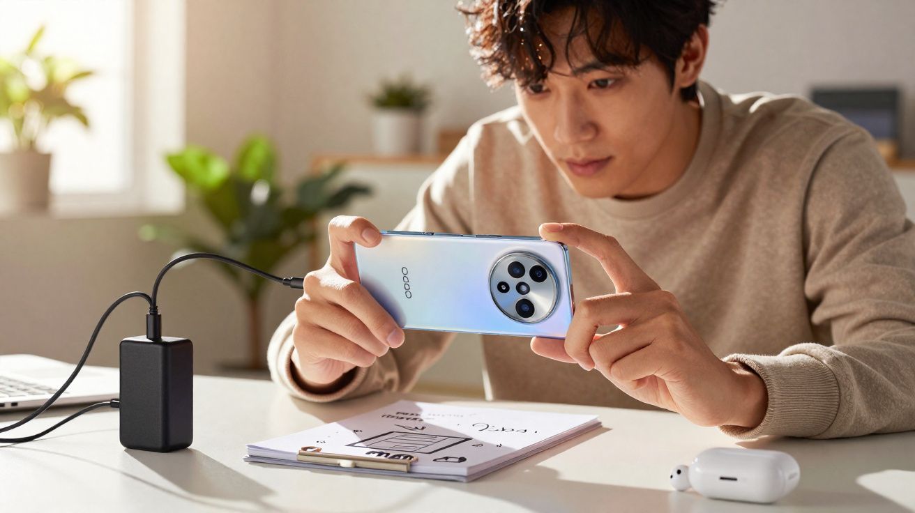 Jovem sentado numa mesa a carregar um smartphone Oppo com ficha USB-C, rodeado por objetos de escritório.