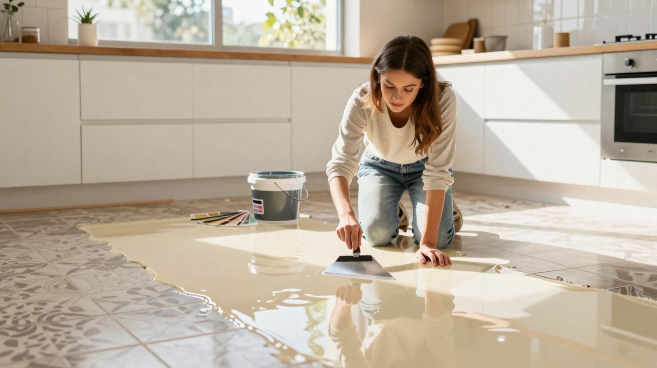 Mulher a aplicar resina epóxi no chão da cozinha branca bem iluminada.