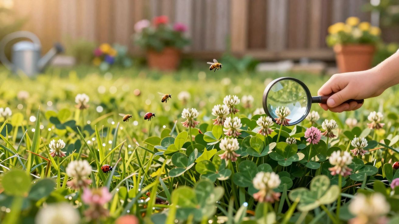 Mão segura lupa a observar abelhas e joaninhas em flores brancas e rosas num campo com relva e jarra ao fundo.