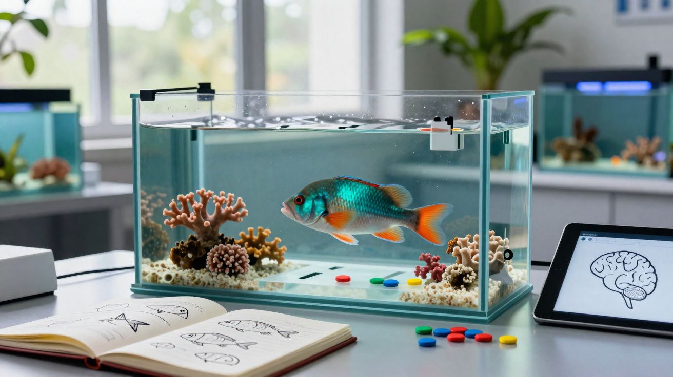 Aquário com peixe colorido, corais artificiais e tablet com desenho de cérebro numa mesa.
