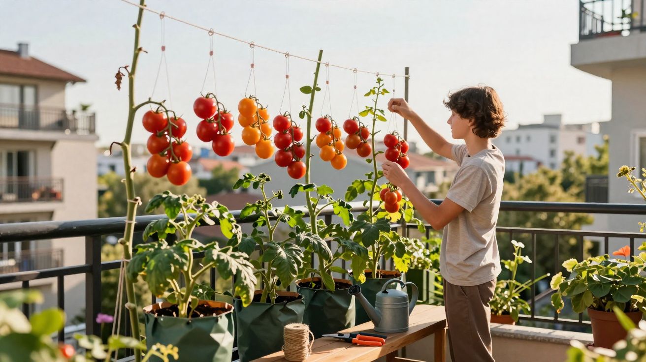 Rapaz num terraço a apanhar tomates maduros pendurados em paus, rodeado de vasos e utensílios de jardim.