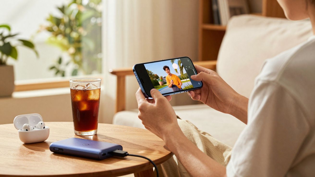 Pessoa a ver vídeo num smartphone enquanto está sentada com bebida e auscultadores numa mesa de madeira.