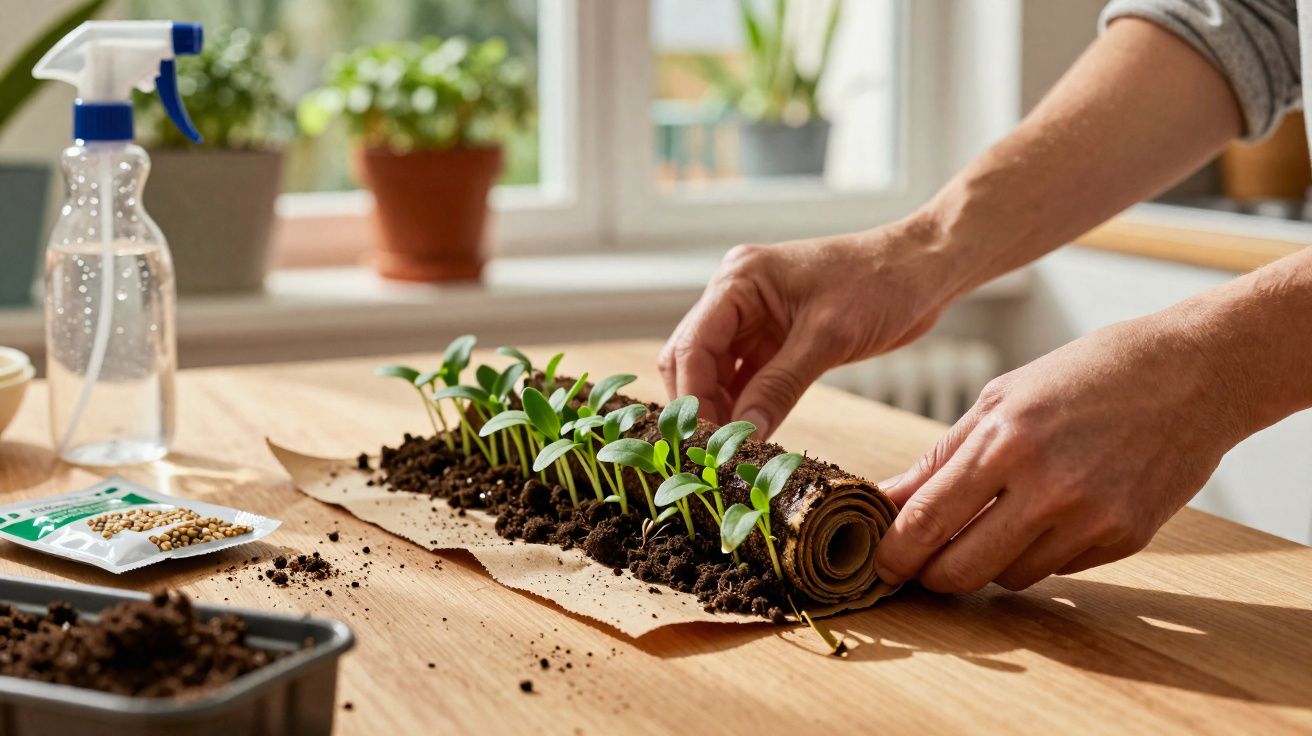Mãos a enrolar papel com terra e rebentos verdes numa mesa, próximo de um pulverizador e sementes.