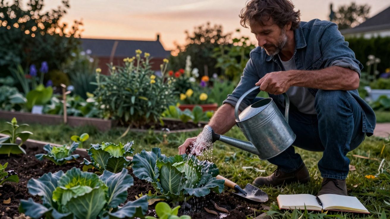 Homem a regar plantas num jardim, ao entardecer, com ferramentas e caderno no chão.
