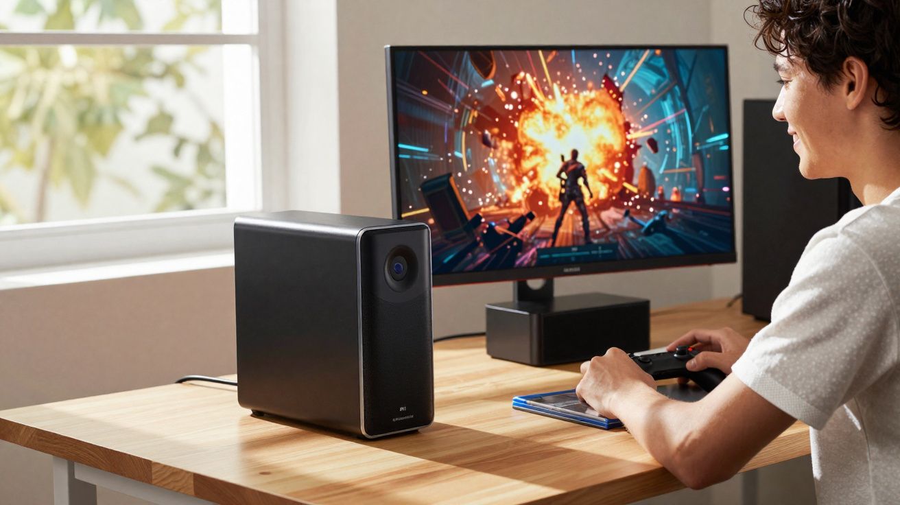 Jovem a jogar videojogo com comando, e computador e monitor com explosão animada na secretária.