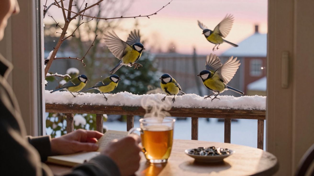Pássaros empoleirados e a voar numa varanda com neve, vista de uma pessoa a ler e beber chá dentro de casa.