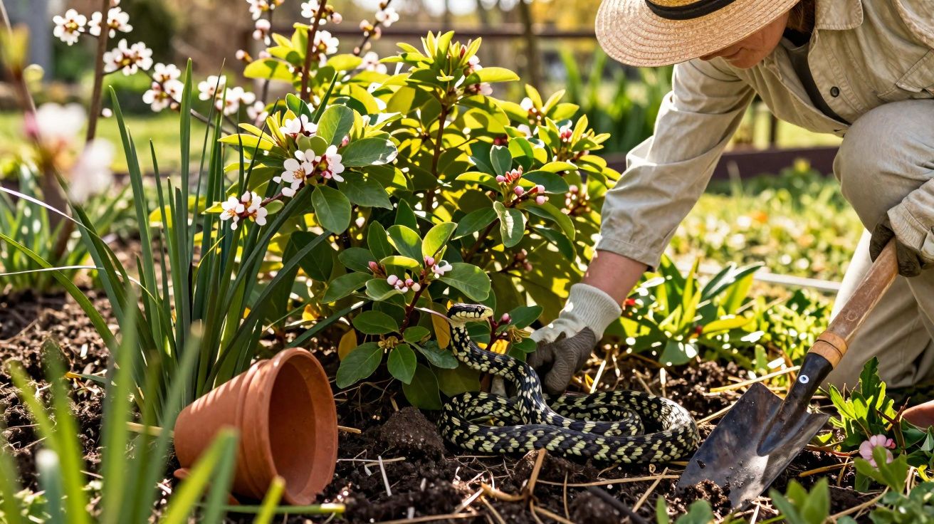 Pessoa de chapéu a remover uma cobra do jardim com pá e luvas junto a flores e vaso caído.