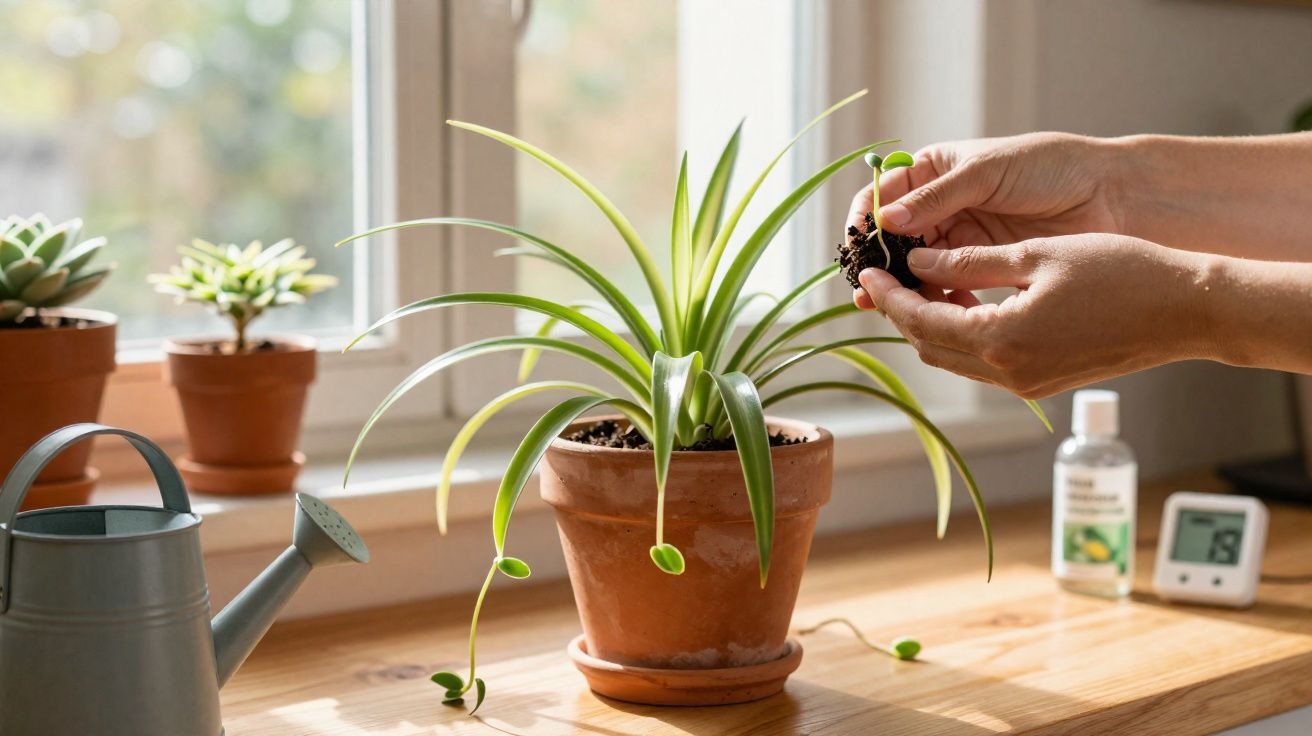 Mãos transplantando uma pequena planta para vaso com outras plantas e regador numa mesa junto à janela.