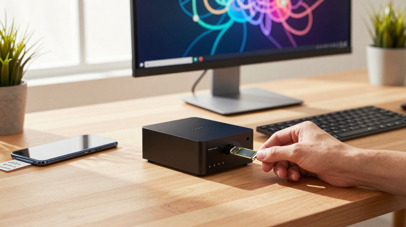 Pessoa a ligar pen USB preta a dispositivo compacto numa secretária com computador, teclado e smartphone.