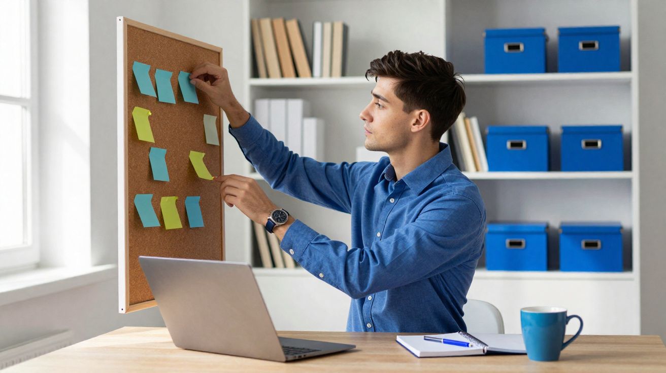 Homem a organizar notas coloridas num quadro de cortiça numa mesa com computador portátil e caderno.
