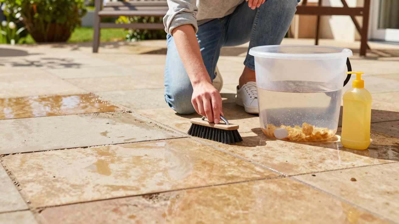 Pessoa a limpar chão exterior com escova, balde de água e detergente amarelo ao lado.