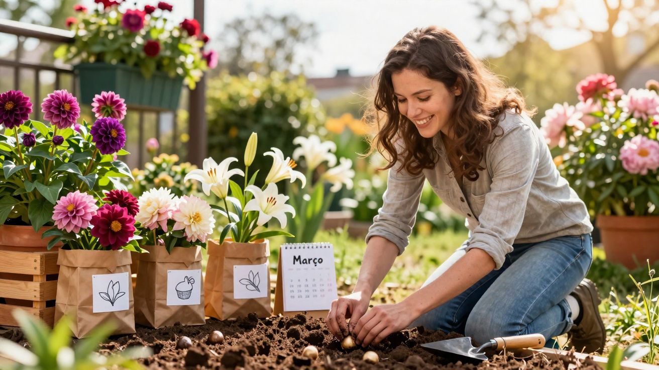 Mulher a plantar bulbos de flores na terra num jardim com várias flores em vasos e um calendário de março.
