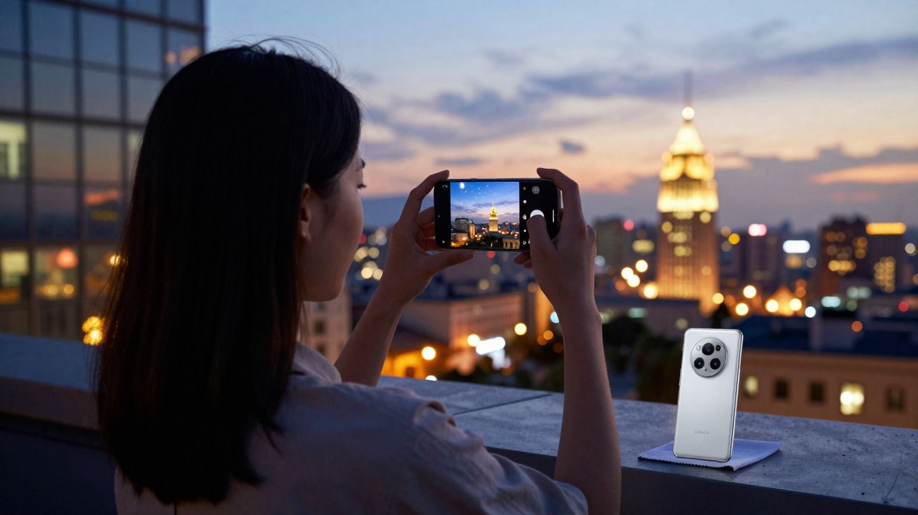 Mulher tira foto ao pôr do sol com smartphone, com cidade iluminada ao fundo, num terraço.