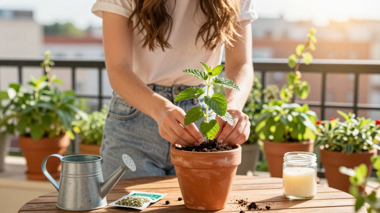 Pessoa a cuidar de planta em vaso de barro numa varanda com regador e sementes numa mesa de madeira.