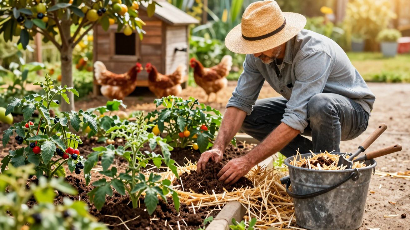Homem com chapéu a cuidar da horta num jardim, com galinhas e casinha ao fundo.