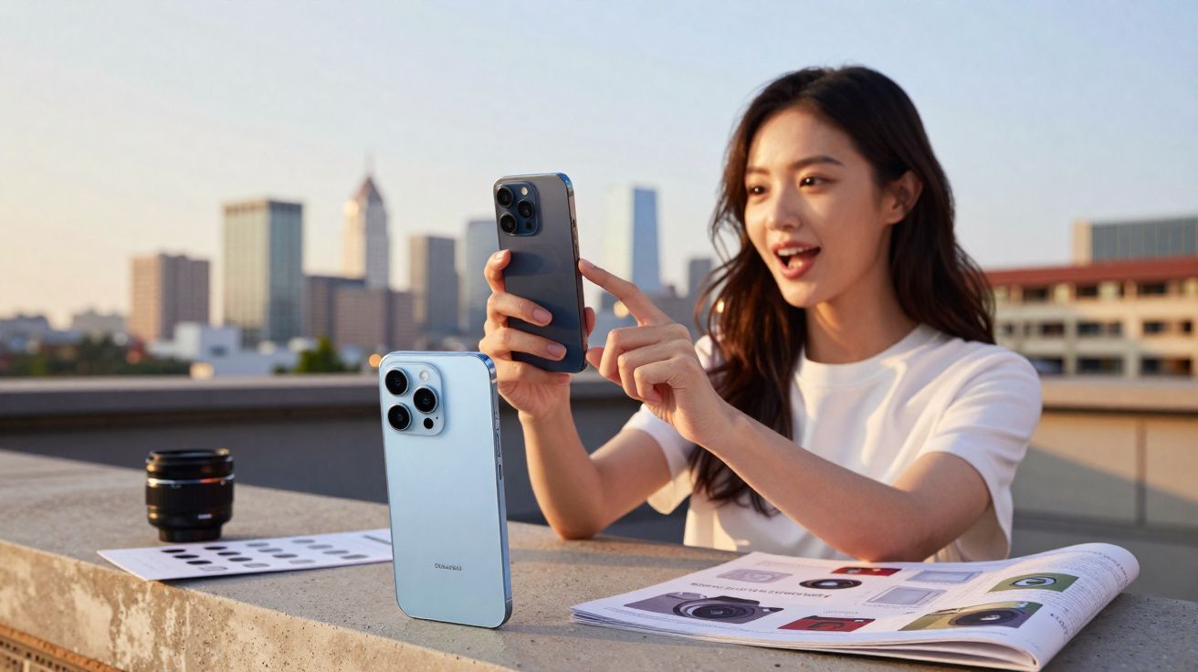 Mulher sorridente a usar smartphone num terraço com vista para arranha-céus, com outro telemóvel e revista à frente.