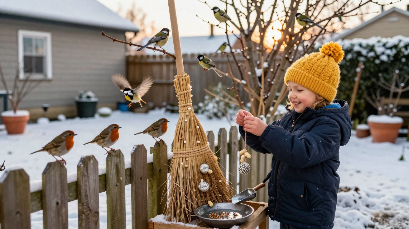 Criança com gorro amarelo a alimentar pássaros no jardim coberto de neve durante o pôr do sol.