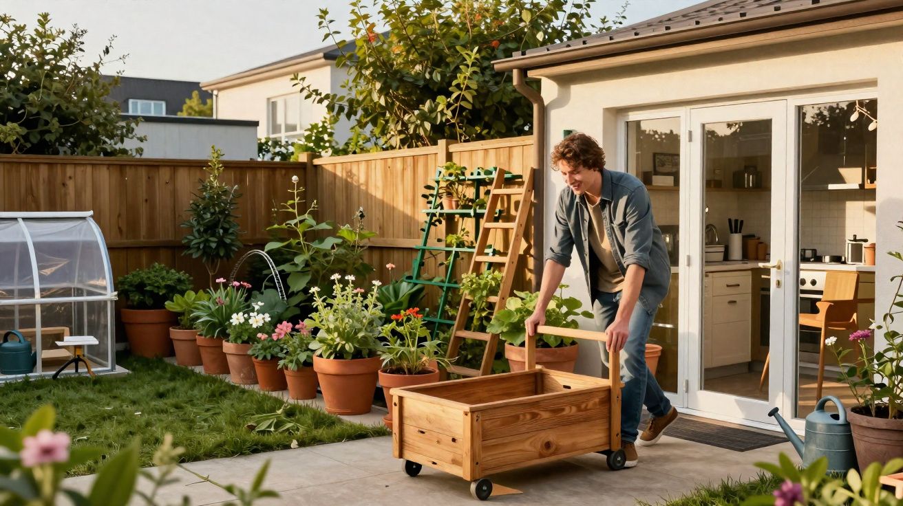 Homem a empurrar carrinho de madeira num jardim com plantas e estufa junto a uma casa moderna.