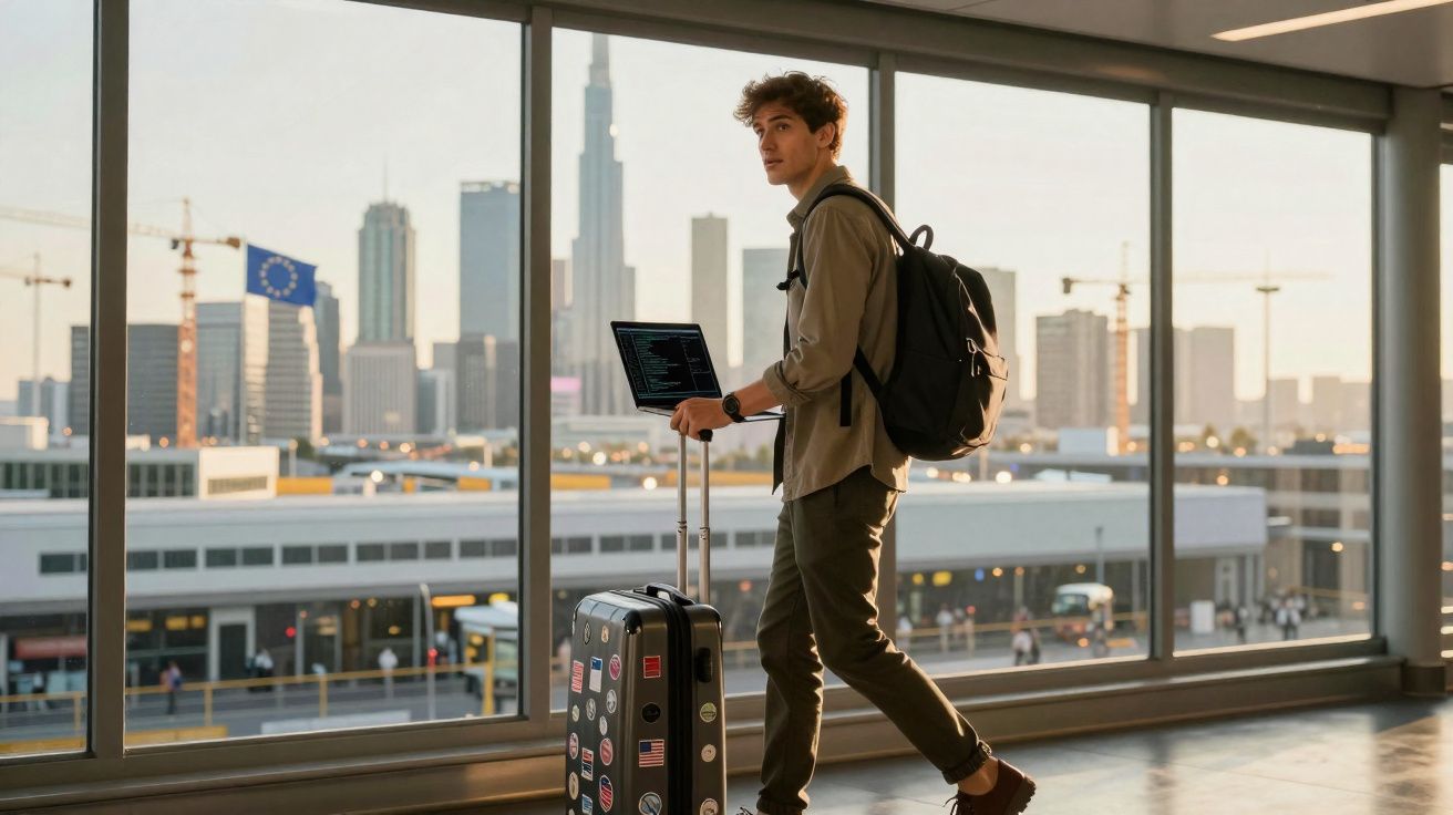 Homem jovem com mochila e mala numa estação com vista para edifícios altos ao pôr do sol.