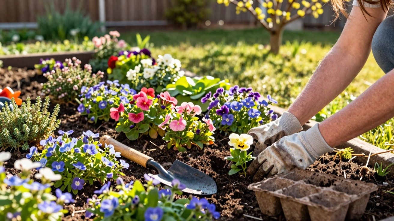 Pessoa a plantar flores coloridas num canteiro de jardim ensolarado, usando luvas de proteção.