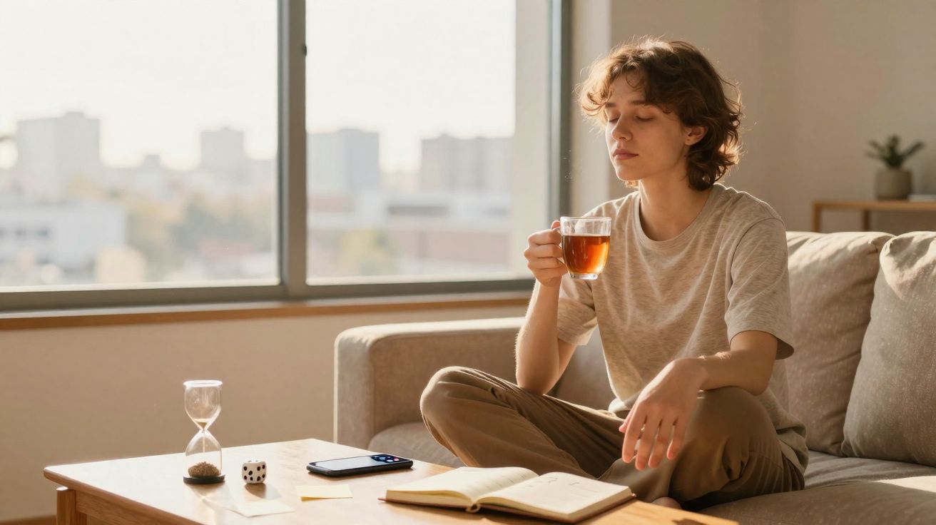 Mulher sentada no sofá a apreciar chá, com livro aberto e objetos sobre a mesa numa sala iluminada.