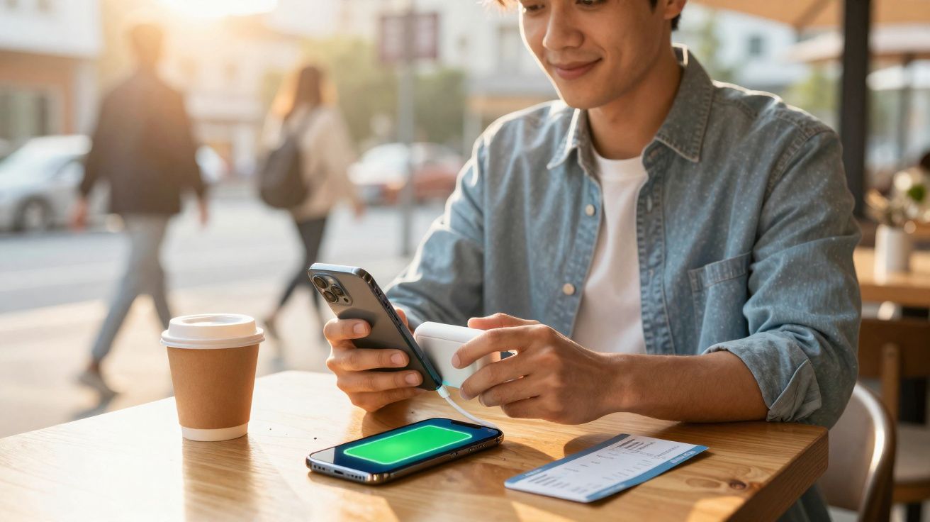 Jovem sentado numa esplanada a usar um telemóvel enquanto carrega outro com um power bank portátil.
