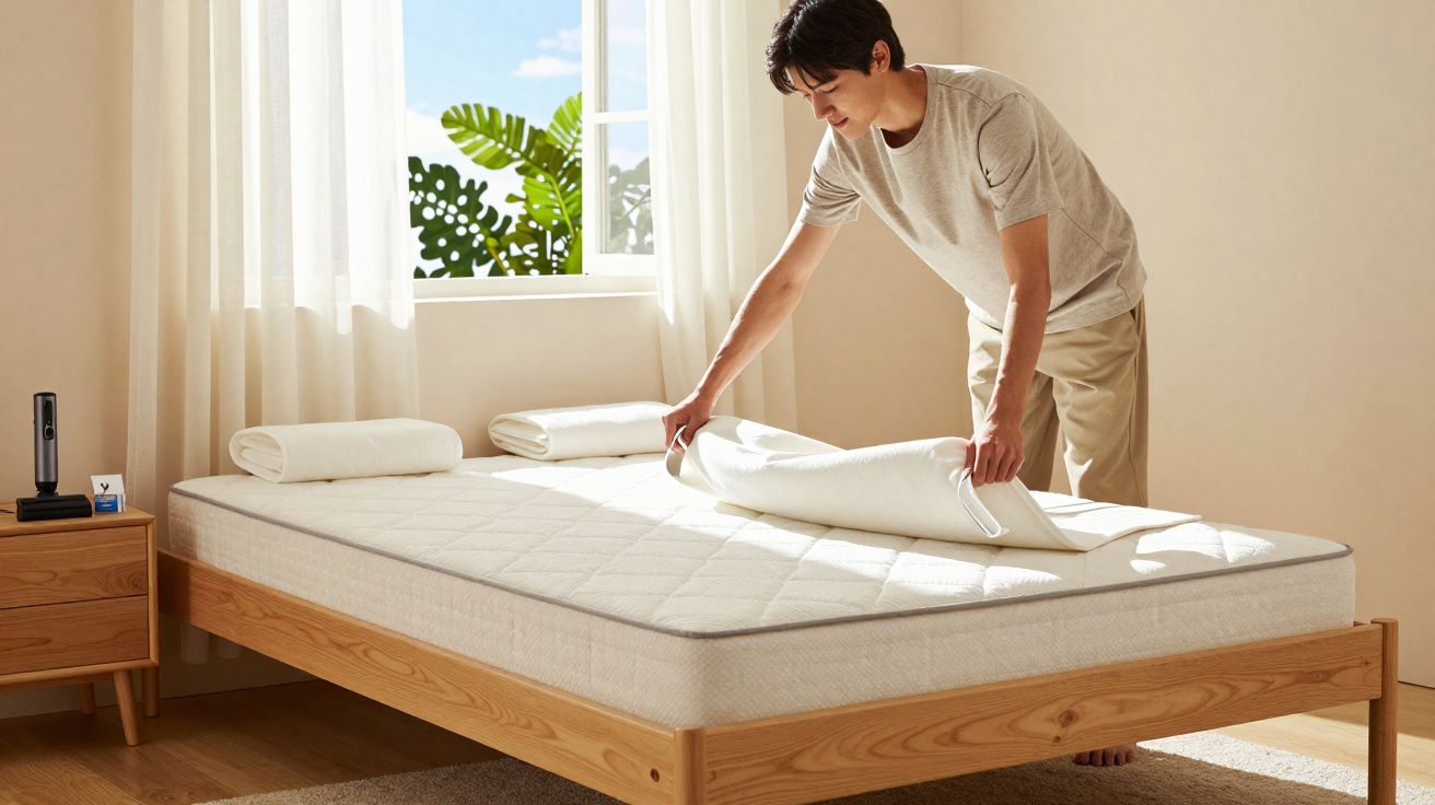 Homem a arrumar uma cama numa quarto iluminado com janela e planta decorativa.