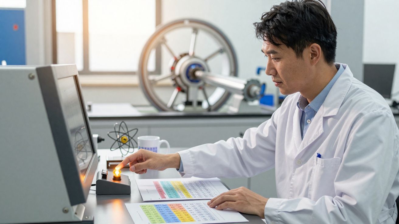 Cientista em bata branca a manusear equipamento e analisar tabela periódica num laboratório moderno.