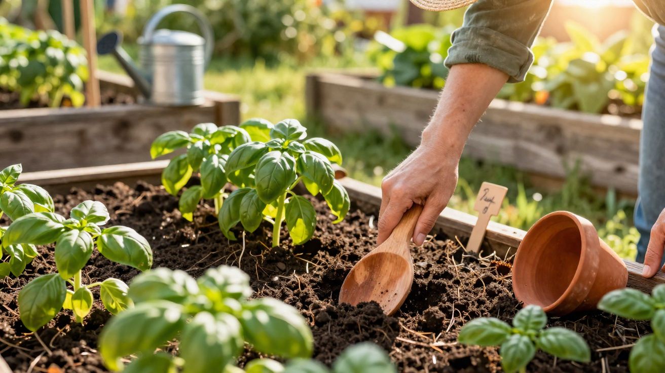 Pessoa a cultivar manjericão num canteiro de jardim com colher de madeira e vaso de barro.