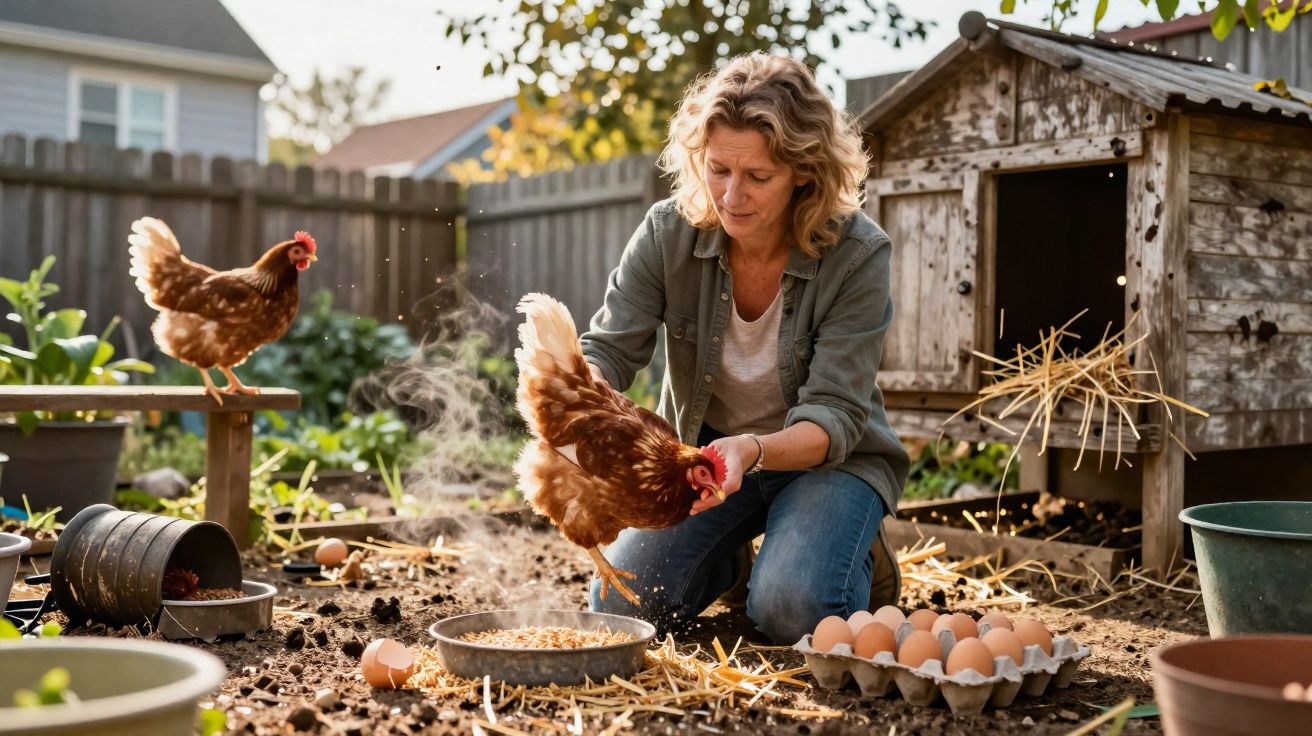 Mulher alimenta galinhas num quintal com galinheiro e ovos frescos sobre o chão.