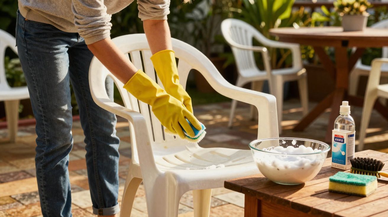 Pessoa a limpar cadeira de plástico branco ao ar livre usando luvas amarelas e esponja azul.