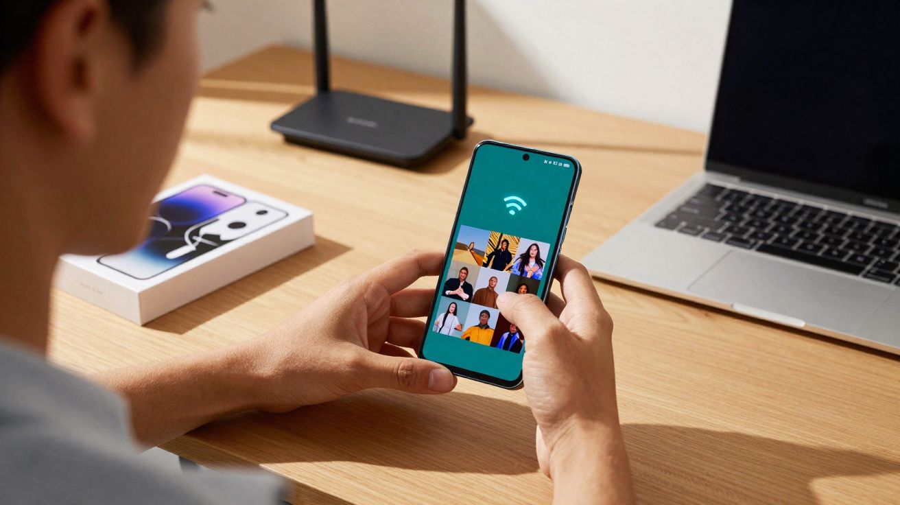 Pessoa segurando um telemóvel com chamada de vídeo em grupo, com computador portátil e router numa mesa de escritório.