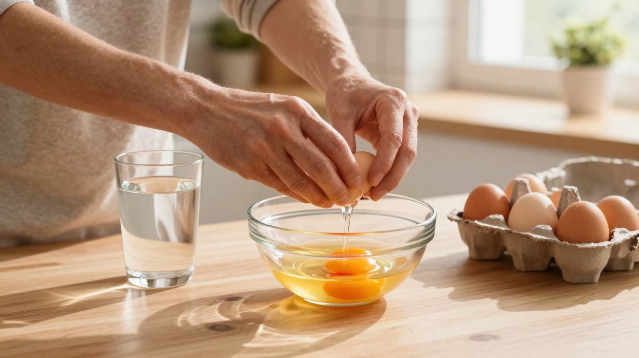 Pessoa a partir ovos para uma taça de vidro numa cozinha bem iluminada com copo de água ao lado.