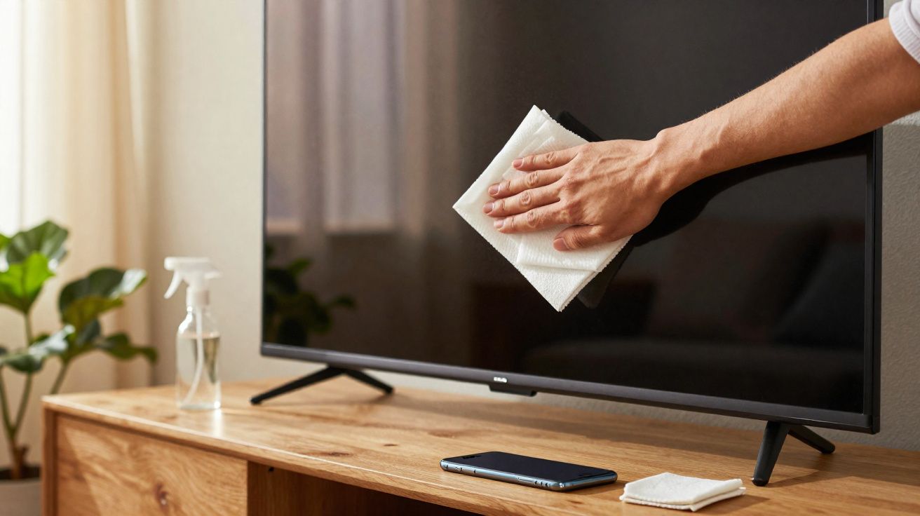 Pessoa a limpar o ecrã de uma televisão com um pano branco numa sala com móvel de madeira.