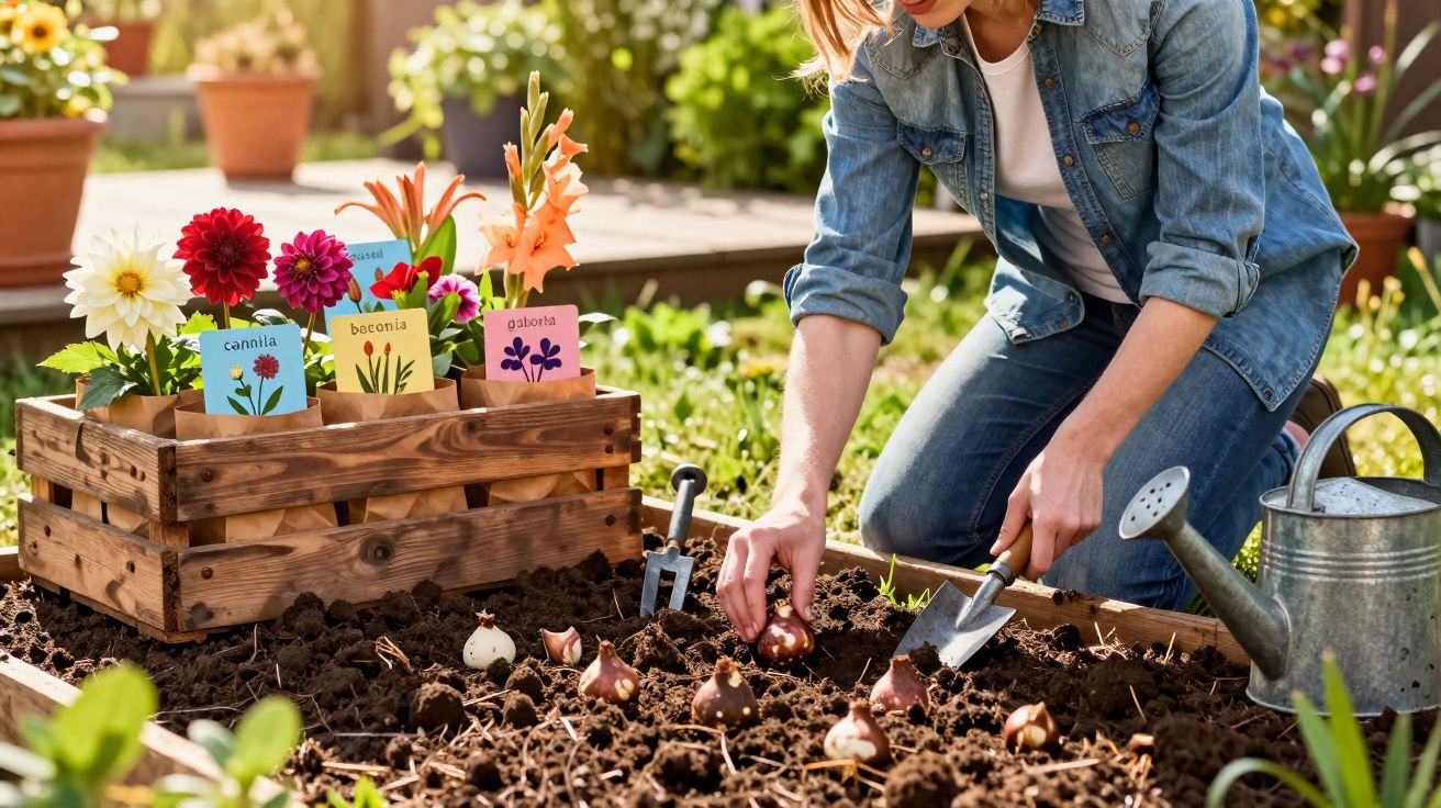 Mulher a plantar bulbos de flores num canteiro com regador e caixa de flores ao lado.