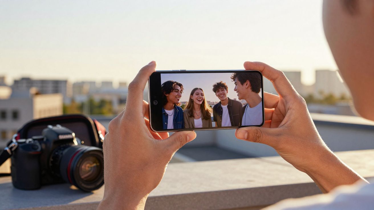 Pessoa a tirar uma selfie com quatro amigos num terraço ao pôr do sol, com uma câmara fotográfica ao lado.