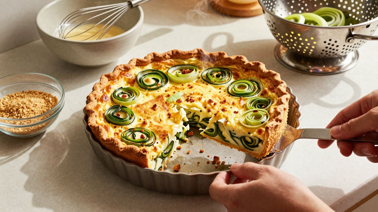 Tarte de queijo com decoração de rodelas de curgete enroladas, sendo servida com utensílio de cozinha.