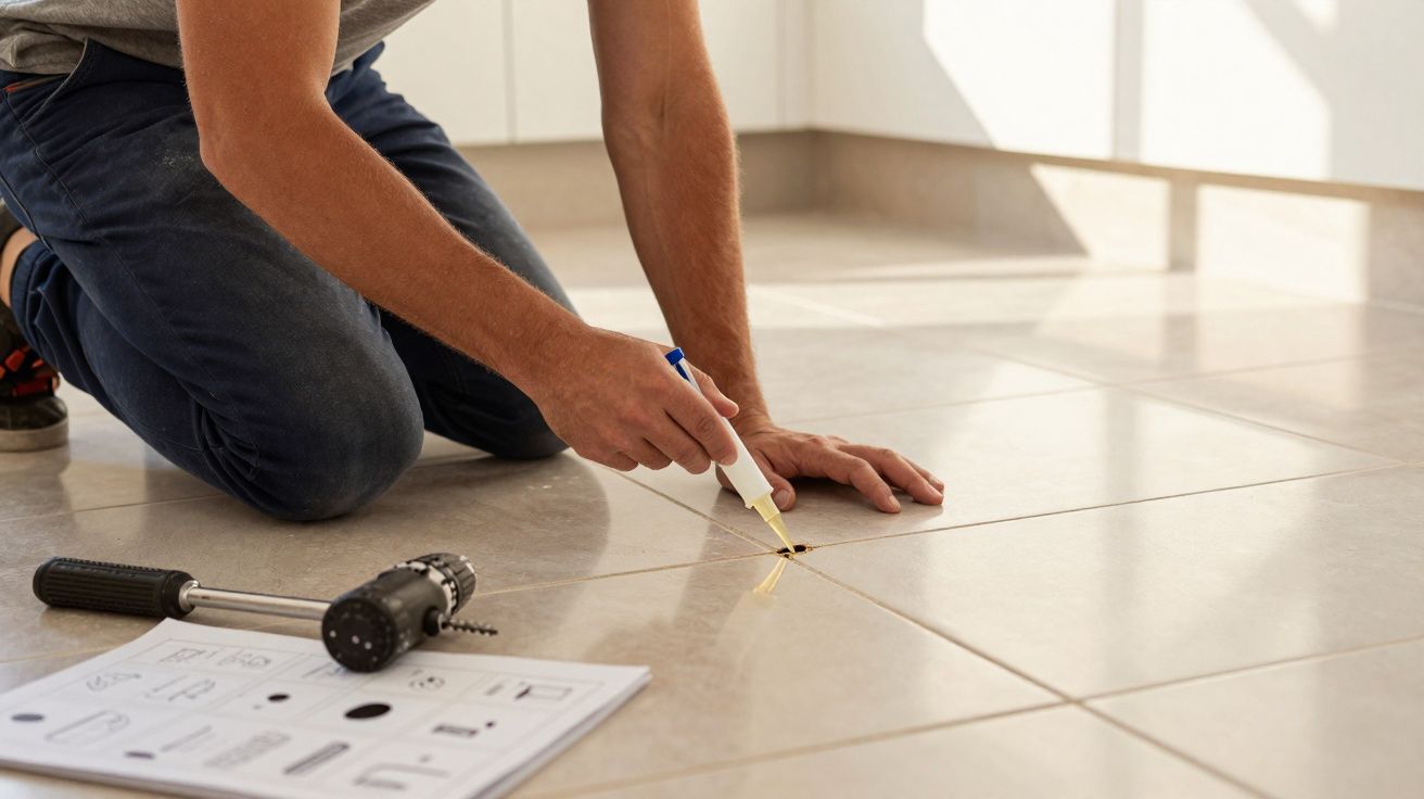 Pessoa a reparar azulejo no chão usando ferramenta de precisão, com martelo e instruções ao lado.