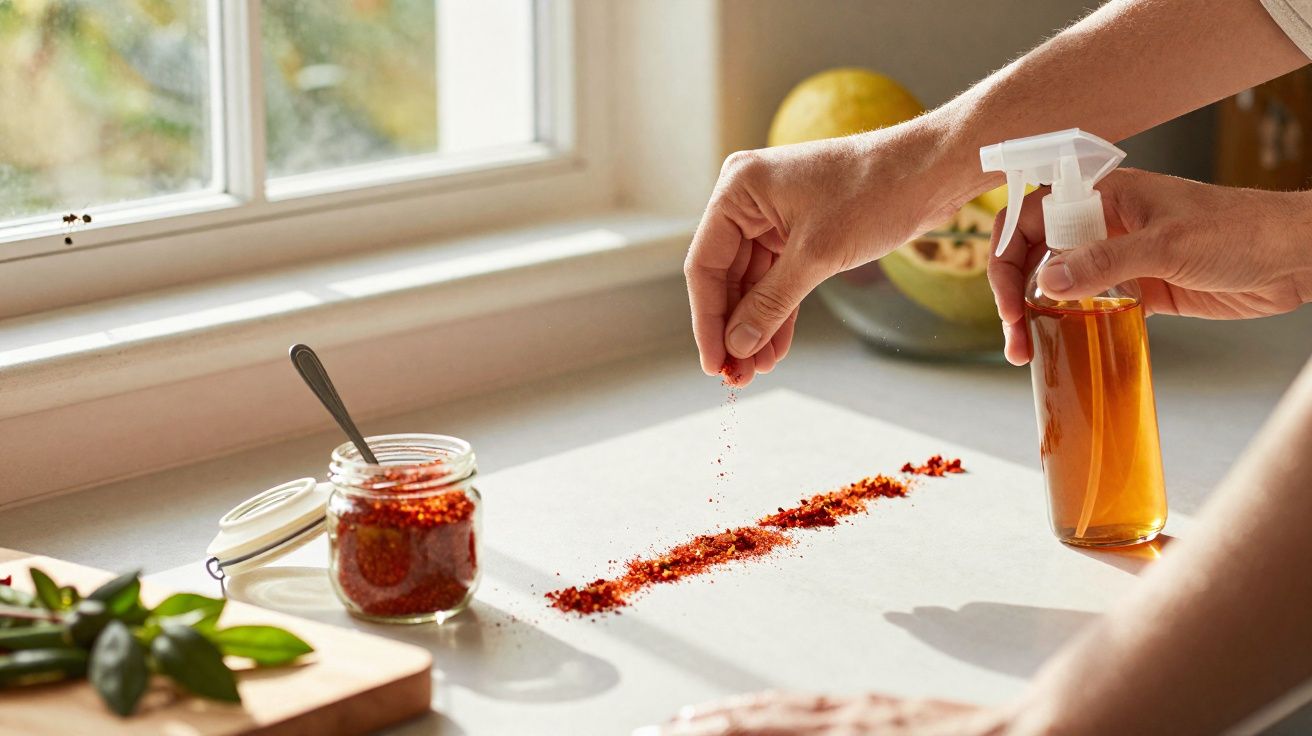 Mãos a espalhar especiarias vermelhas em superfície branca, com frasco de spray e vidro de condimento aberto.