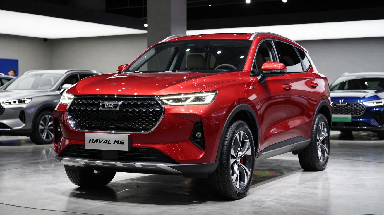 SUV vermelho Haval M6 estacionado em salão automóvel moderno e iluminado.