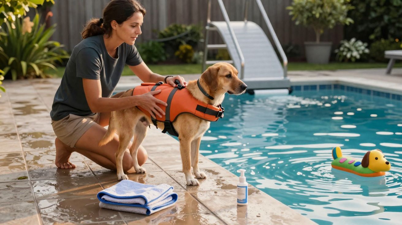 Mulher ajusta colete salva-vidas num cão junto a piscina com brinquedo flutuante e toalhas na borda.